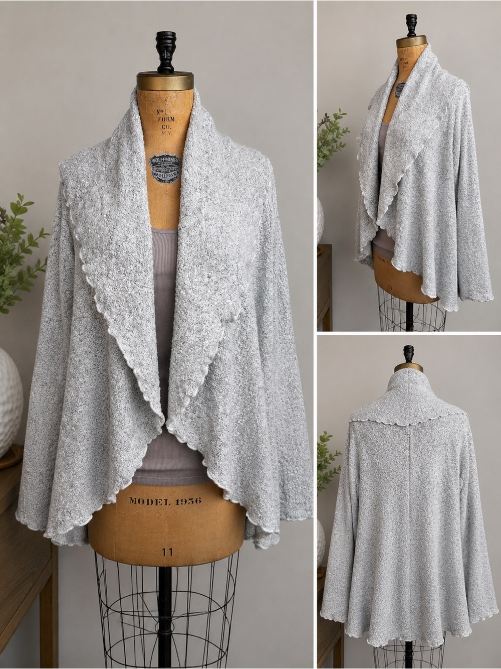 Van Klee Boucle Knit Waterfall Cardigan Gray Open Front Cozy Sweater Wrap
